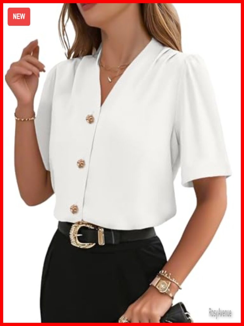 Womens Button Down Blouse V-Neck Short Sleeve Business Casual Top